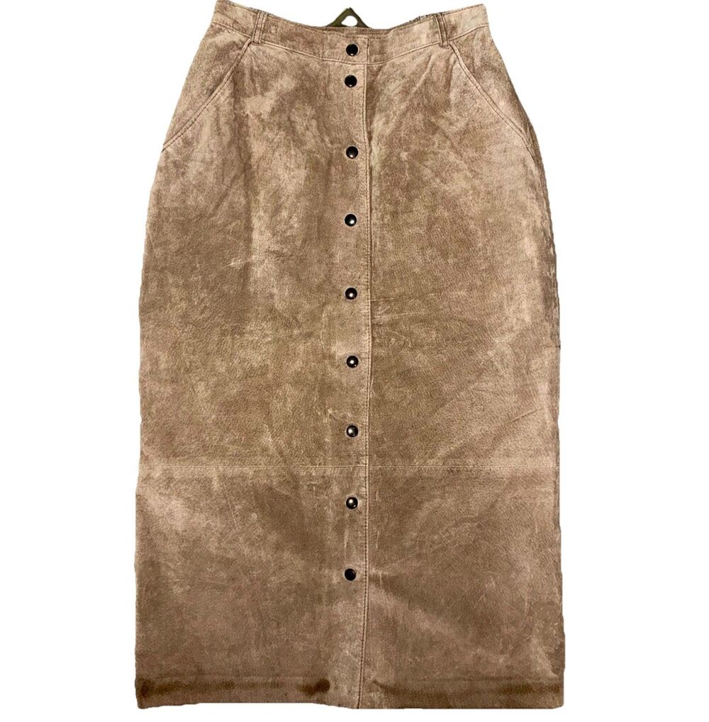 Vintage 70s Genuine Pig Suede Button Front Tan Midi Skirt Western Ranchwear 27”